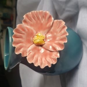 Anthropologie Ceramic 6” Bloom Vase Teal Blue with Applied 3D Pink Flower